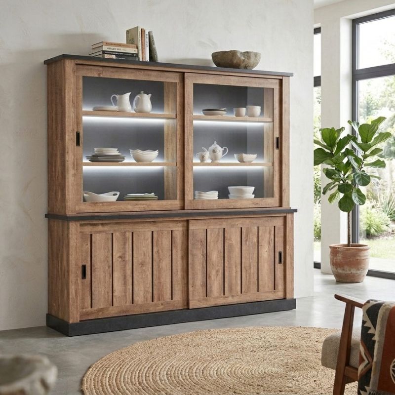 Vaisselier ELIOTT de style industriel avec 4 portes coulissantes et éclairage led