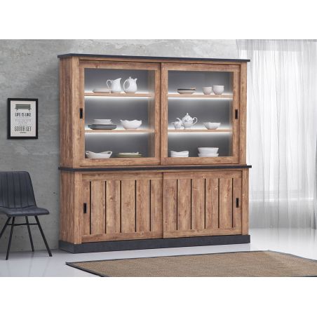 Vaisselier ELIOTT de style industriel avec 4 portes coulissantes et éclairage led