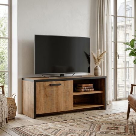 Meuble TV DIEGO de style industriel avec 1 porte et 2 niches ouvertes