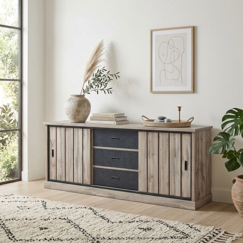 Buffet 225 cm CLEMENCE en décor chêne canada avec accents gris foncé