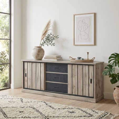 Buffet 225 cm CLEMENCE en décor chêne canada avec accents gris foncé