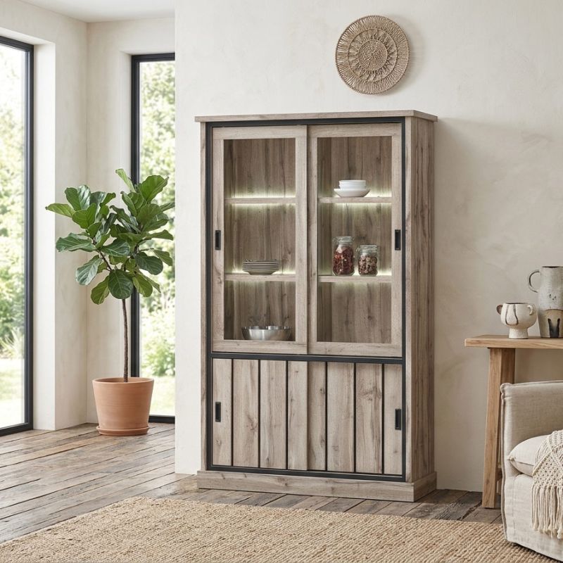 Vitrine CLEMENCE en décor chêne canada avec éclairageLED