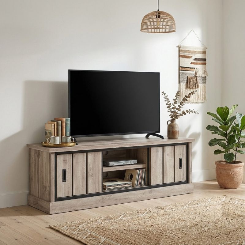 Meuble TV 155 cm CLEMENCE avec 2 porte coulissantes et 2 niches