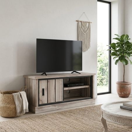 Meuble TV 120 cm CLEMENCE avec 1 porte coulissante et 2 niches