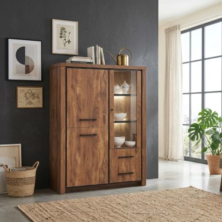Bar KAMINO de style industriel avec 3 portes et 2 tiroirs et éclairage LED inclus