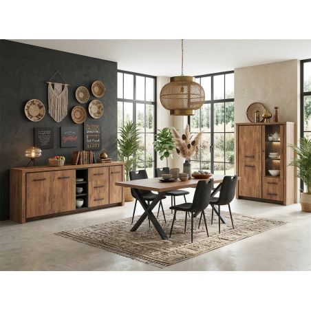 Bar KAMINO de style industriel avec 3 portes et 2 tiroirs et éclairage LED inclus