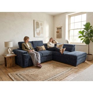 Canapé d'angle en tissu bleu foncé NICOLA avec lit, coffre et porte gobelet
