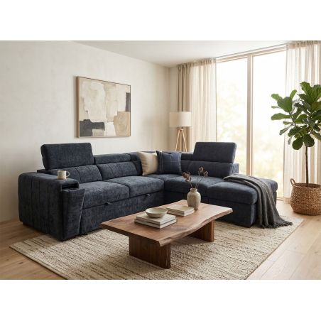 Canapé d'angle en tissu bleu foncé NICOLA avec lit, coffre et porte gobelet