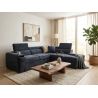 Canapé d'angle en tissu bleu foncé NICOLA avec lit, coffre et porte gobelet