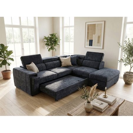 Canapé d'angle en tissu bleu foncé NICOLA avec lit, coffre et porte gobelet