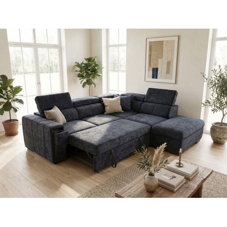 Canapé d'angle en tissu bleu foncé NICOLA avec lit, coffre et porte gobelet