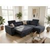 Canapé d'angle en tissu bleu foncé NICOLA avec lit, coffre et porte gobelet