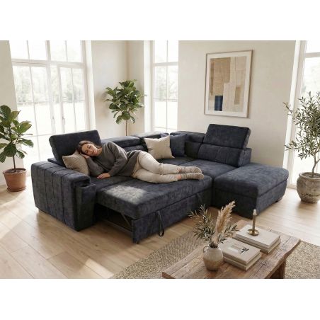 Canapé d'angle en tissu bleu foncé NICOLA avec lit, coffre et porte gobelet