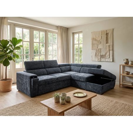Canapé d'angle en tissu bleu foncé NICOLA avec lit, coffre et porte gobelet