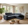 Canapé d'angle en tissu bleu foncé NICOLA avec lit, coffre et porte gobelet