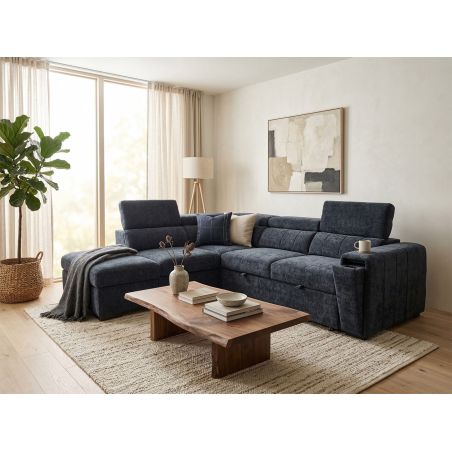 Canapé d'angle en tissu bleu foncé NICOLA avec lit, coffre et porte gobelet