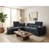 Canapé d'angle en tissu bleu foncé NICOLA avec lit, coffre et porte gobelet