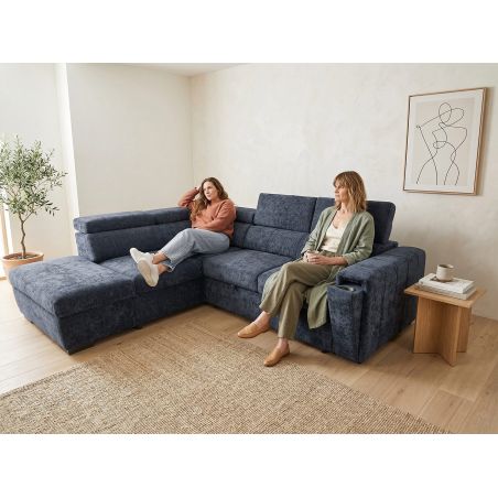 Canapé d'angle en tissu bleu foncé NICOLA avec lit, coffre et porte gobelet
