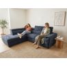 Canapé d'angle en tissu bleu foncé NICOLA avec lit, coffre et porte gobelet