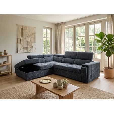 Canapé d'angle en tissu bleu foncé NICOLA avec lit, coffre et porte gobelet