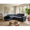 Canapé d'angle en tissu bleu foncé NICOLA avec lit, coffre et porte gobelet