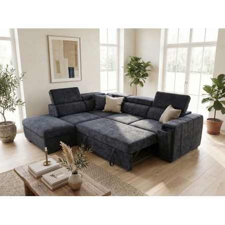 Canapé d'angle en tissu bleu foncé NICOLA avec lit, coffre et porte gobelet