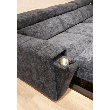 Canapé d'angle en tissu bleu foncé NICOLA avec lit, coffre et porte gobelet