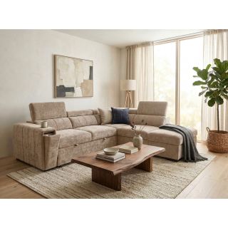 Canapé d'angle en tissu taupe NICOLA avec lit, coffre et porte gobelet