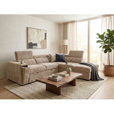 Canapé d'angle en tissu taupe NICOLA avec lit, coffre et porte gobelet