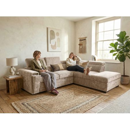 Canapé d'angle en tissu taupe NICOLA avec lit, coffre et porte gobelet