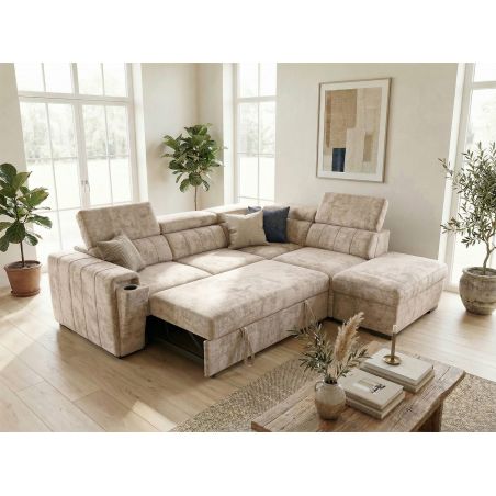 Canapé d'angle en tissu taupe NICOLA avec lit, coffre et porte gobelet