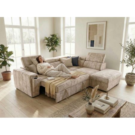 Canapé d'angle en tissu taupe NICOLA avec lit, coffre et porte gobelet