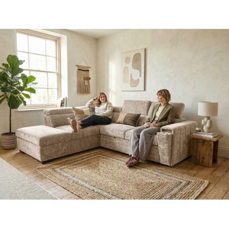 Canapé d'angle en tissu taupe NICOLA avec lit, coffre et porte gobelet