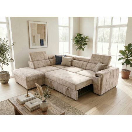 Canapé d'angle en tissu taupe NICOLA avec lit, coffre et porte gobelet