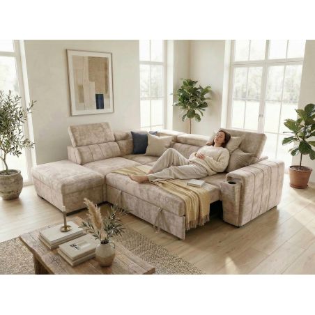 Canapé d'angle en tissu taupe NICOLA avec lit, coffre et porte gobelet