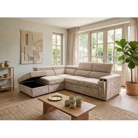 Canapé d'angle en tissu taupe NICOLA avec lit, coffre et porte gobelet