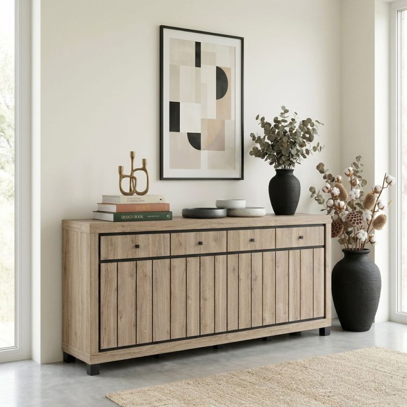 Buffet 224 cm GREGORY en décor chêne estival avec accents gris foncé