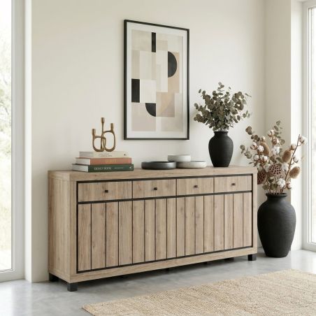 Buffet 224 cm GREGORY en décor chêne estival avec accents gris foncé