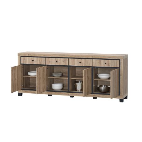 Buffet 224 cm GREGORY en décor chêne estival avec accents gris foncé