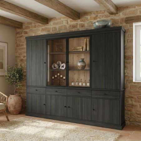 Vaisselier GABRIEL DARK avec 6 portes pleines, 2 porte vitrées et 4 tiroirs