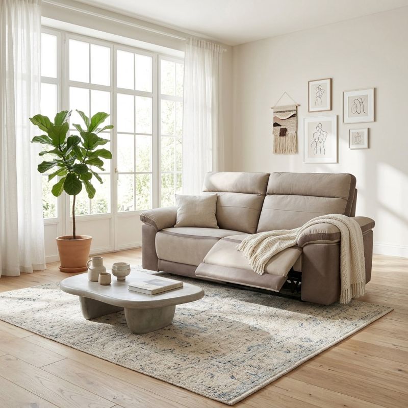 Canapé 3 places en tissu bicolore 206 cm SUSY avec 2 relax électriques