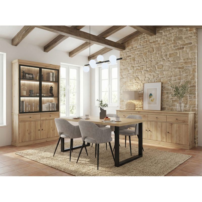 Salle à manger complète GABRIEL LIGHT en décor chêne clair avec table 210 cm sans LED