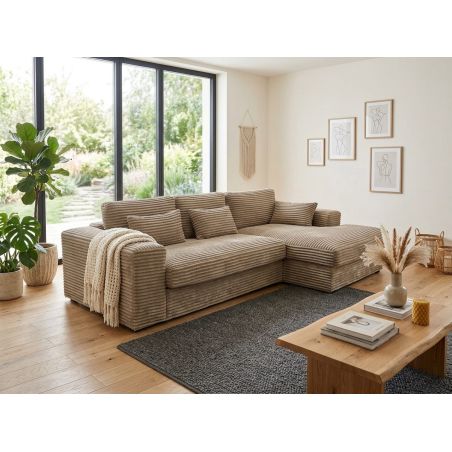 Canapé d'angle DOUDOU en tissu velours cotelé taupe
