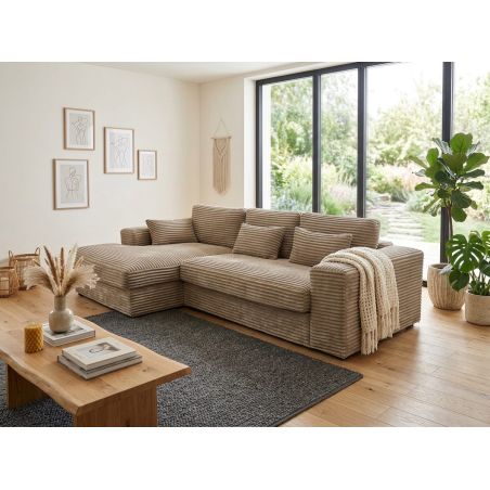 Canapé d'angle DOUDOU en tissu velours cotelé taupe