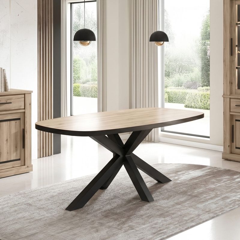 Table ovale 210 cm CURTIS en décor chêne cuivre avec pied central en métal