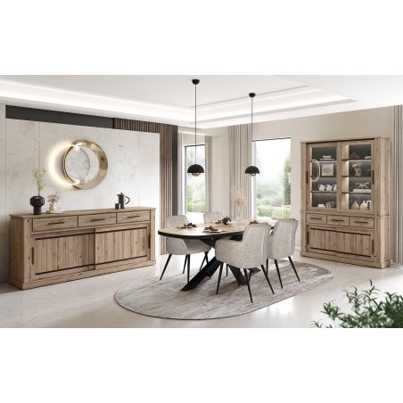 Table ovale 210 cm CURTIS en décor chêne cuivre avec pied central en métal