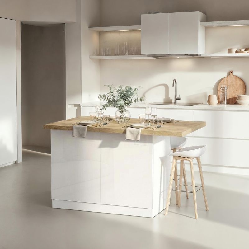 Table ilot de cuisine 130 cm OCTAVE en blanc brillant et décor chêne cadiz