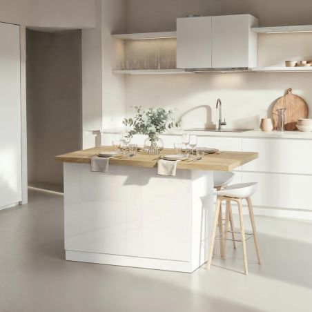 Table ilot de cuisine 130 cm OCTAVE en blanc brillant et décor chêne cadiz