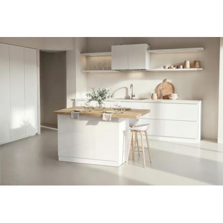 Table ilot de cuisine 130 cm OCTAVE en blanc brillant et décor chêne cadiz
