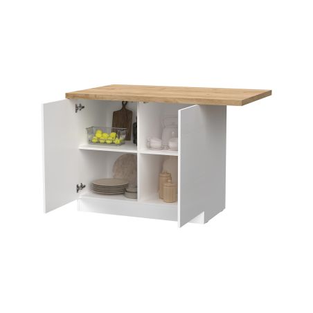 Table ilot de cuisine 130 cm OCTAVE en blanc brillant et décor chêne cadiz